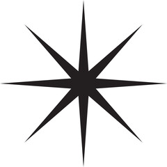 Black eight-pointed starburst icon, isolated. Clean minimalist design with sharp geometric rays radiating from center. Perfect for logos, navigation elements, and modern graphic design projects.

