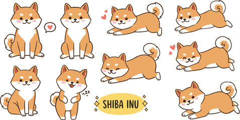 Cute Shiba Inu dog cartoon set, adorable puppy poses, sitting, sleeping, playing, kawaii animal illustration, pet character collection