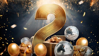 golden numeral soaring amid confetti presents disco ball and balloons against a backdrop of lights and sparks imaginative concept