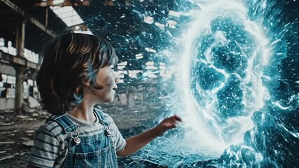 Young boy with glowing eye stands before a swirling portal in a ruined building scene - Powered by Adobe