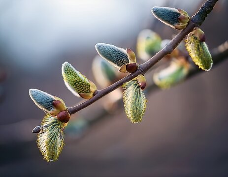close up macro photograph of tree branches with spring buds