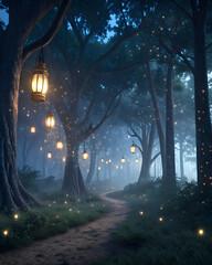 Enchanted forest at night with glowing lanterns and magical sparkle dust.
