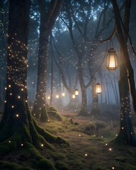Enchanted forest at night with glowing lanterns and magical sparkle dust.