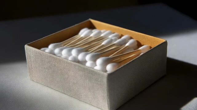 A square textured box holds numerous white-tipped cotton swabs with light wooden stems Strong diagonal light casts shadows highlighting the item