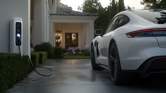 Close view of a white electric car being charged at home during daylight, showcasing elegant architecture and a power station