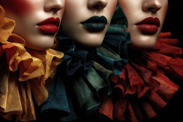 Three striking models adorned in colorful, ruffled costumes and dramatic makeup pose against a dark background in a studio setting