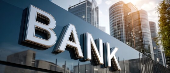Obraz premium Modern bank building with shiny glass facade and tall skyscrapers in the background during the afternoon