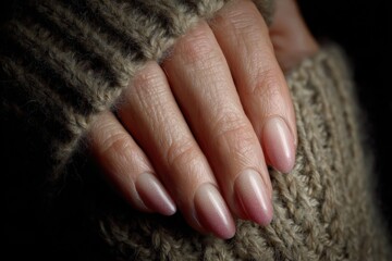 Close-up of mature hand with manicured nails showing black and pink polish contrasted against dark fabric backdrop