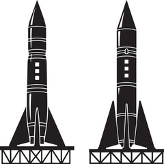 Two vintage style rockets silhouetted on launch pads against white background