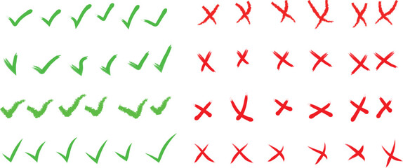  hand drawn check mark and cross mark icon set. Yes no sign. Approve and reject symbol. Green Tick and Red X Sign