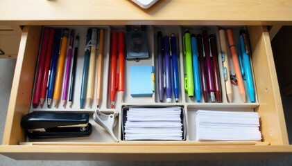 Organizing and decluttering a workspace with tidy drawers, neatly stacked papers, and essential office supplies. A neatly organized open desk drawer filled with compartments. Inside are neatly