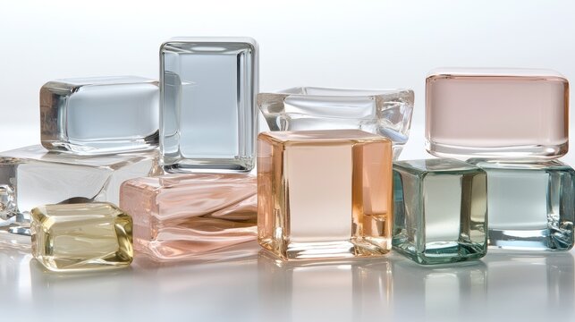 Textured glass shapes arranged creatively highlight colors and reflections, enhancing the interplay of light and shadow on a soft background