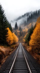 Fototapeta premium Fog envelops the old railroad track, creating a serene atmosphere as it leads through the dense forest under soft morning light