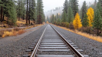 Fototapeta premium Fog envelops the old railroad track, creating a serene atmosphere as it leads through the dense forest under soft morning light