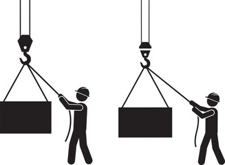 Workers guiding a suspended load with ropes and a crane hook