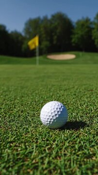 Close view of golf ball on green at sunny day near sand trap and flag