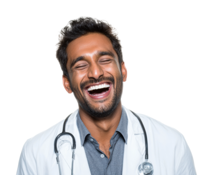Doctor laughing joyfully hospital portrait bright happiness isolated on transparent background