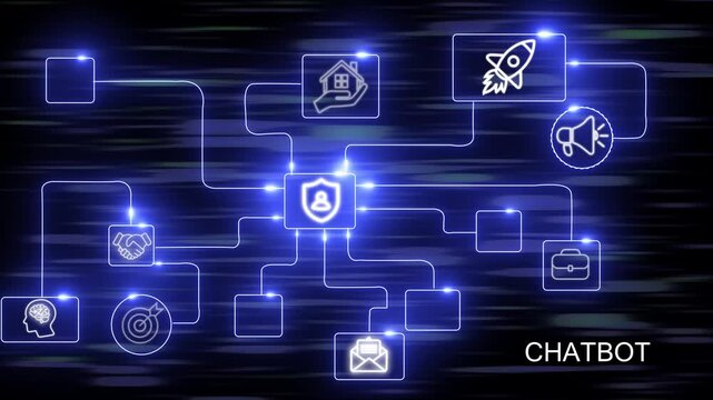 Futuristic chatbot hologram concept chatbots, animation assistants automation, Glowing  hi-tech hologram infographic network information interface internet network 4k video.. - Powered by Adobe