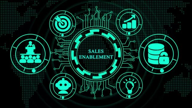 Digital Sales Enablement Strategy with Icons and World Map. Business, Technology ,Internet and network concept.