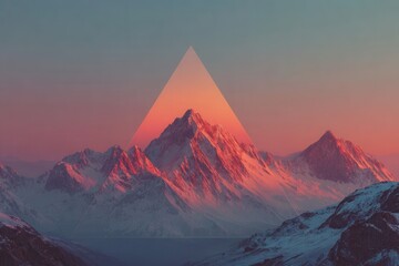 Mountain peak with snow glows as sunset light hits the summit, an overlayed triangle design frames the tall point perfectly