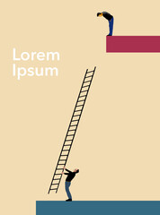 Wrong tools and you are bound to fail. Two men try to solve a problem caused by a ladder being too short to reach up to the stranded man on a ledge. This is a 3-d illustration.