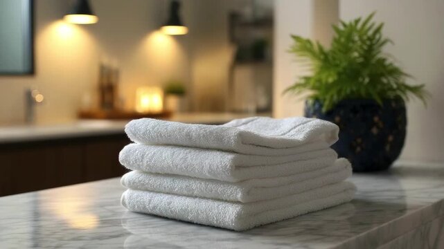 A stack of four clean white folded towels rests on a light-colored marble countertop A blurred background shows warm interior lighting and a green plant
