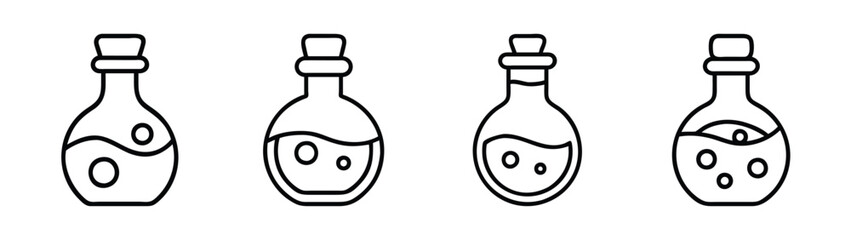Collection of potion bottles illustration, magic elixir vials, alchemy supplies, vector art, set of flasks