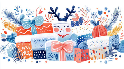 Obraz premium Charming whimsical holiday illustration featuring array of festively wrapped Christmas gifts, cute marshmallow-like character with reindeer antlers, and beautiful collection of winter plants and berri