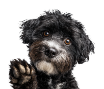 Playful black dog waving paw pet isolated on transparent background