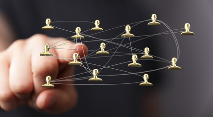 Concept of digital networking, social connection, and communication visualized by a hand...