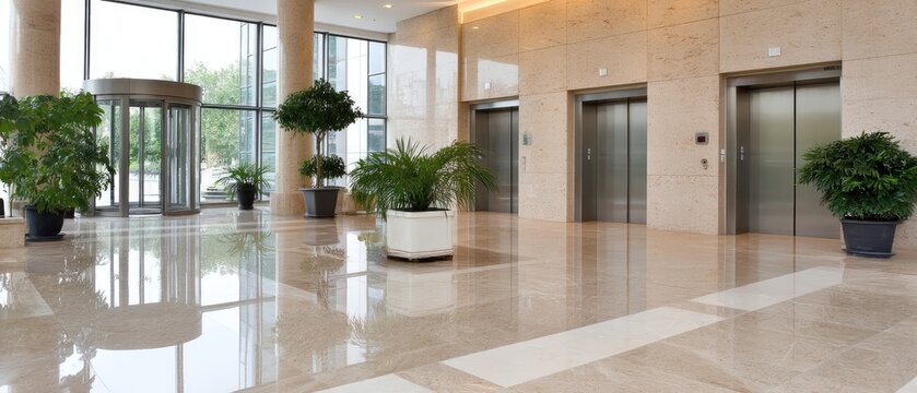 Modern office lobby with polished marble floors, plants, and glass elevators during the day