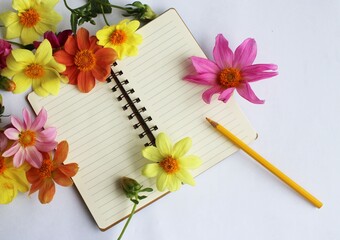 A notebook for writing and lots of colorful flowers on a white background. Background for greetings and postcards.