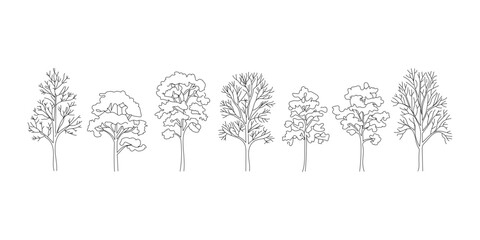Collection of hand drawn sketchy trees in a row on white background © jisan