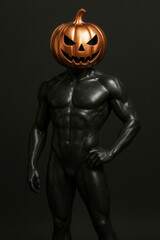 Muscular statue with pumpkin head in studio