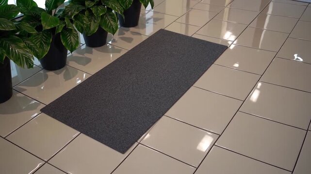 Entrance mat enhances interior space with clean aesthetic and practical function in modern building lobby