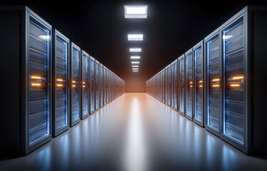 Rows of server racks fill a dimly lit data center, showcasing cutting-edge technology designed for optimal performance and efficiency