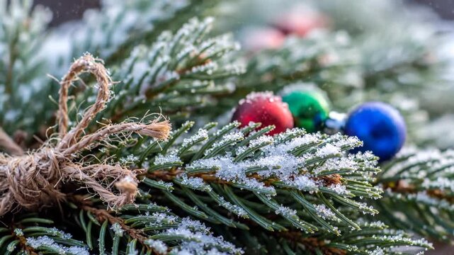 Snowy evergreen branch with colorful ornaments and twine decoration against a dark background