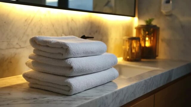 A stack of three white folded towels rests on a marble bathroom vanity featuring warm backlighting a sink and decorative glowing objects