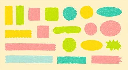 Colorful Crayon Shapes on Beige Background geometric drawing illustration art pastel texture circle square rectangle oval star banner