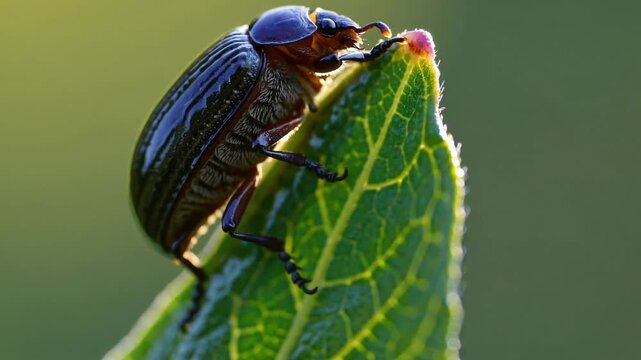 Close-up of a shiny beetle climbing a green leaf in a natural habitat during daylight hours