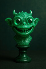 Green monster sculpture with large eyes on pedestal