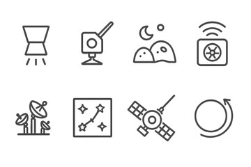 Space Probe Elements. Line style icons of Space Probe: Thruster Nozzle, Scientific Instrument, Alien Terrain, Radiation Sensor,