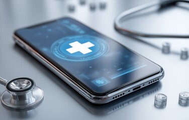 Innovative digital therapeutics app interface displayed on smartphone alongside medical stethoscope and health-related tools