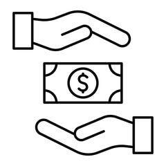 Bribe vector icon. Black line art of hands exchanging money. Corruption, payment, or financial transaction symbol for business and ethics design.