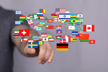 Visual representation of globalization, interconnectedness, and international relations. Flags of...