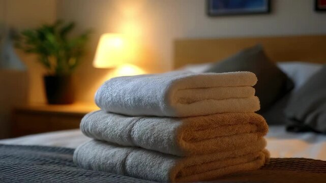 A stack of white and beige folded towels rests on a gray textured blanket A warm lamp plant and bed are blurred in the background of a cozy room
