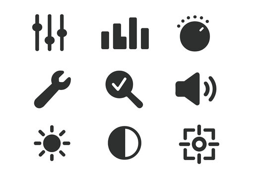Audio Adjustment Icons. Solid style icons of adjustments and fine-tuning: sliders icon, equalizer bars, dial knob, adjustment