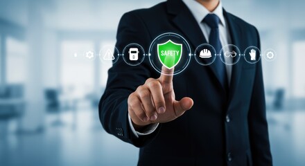 Businessman s finger touches a glowing green shield icon representing cybersecurity and data protection in a modern office setting