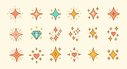 Fototapeta premium Collection of retro mid century modern starbursts and sparkling geometric shapes in warm vintage colors