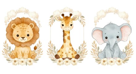 Fototapeta premium Adorable watercolor safari animals including a lion giraffe and elephant surrounded by soft foliage and floral elements perfect for baby shower decor